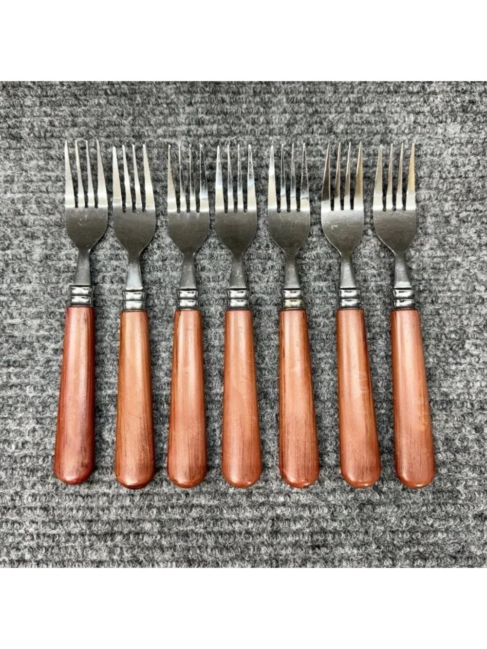 Faberware Silverware Lot Of 7 Table Forks Faux Wood Brown Handle Set Vintage